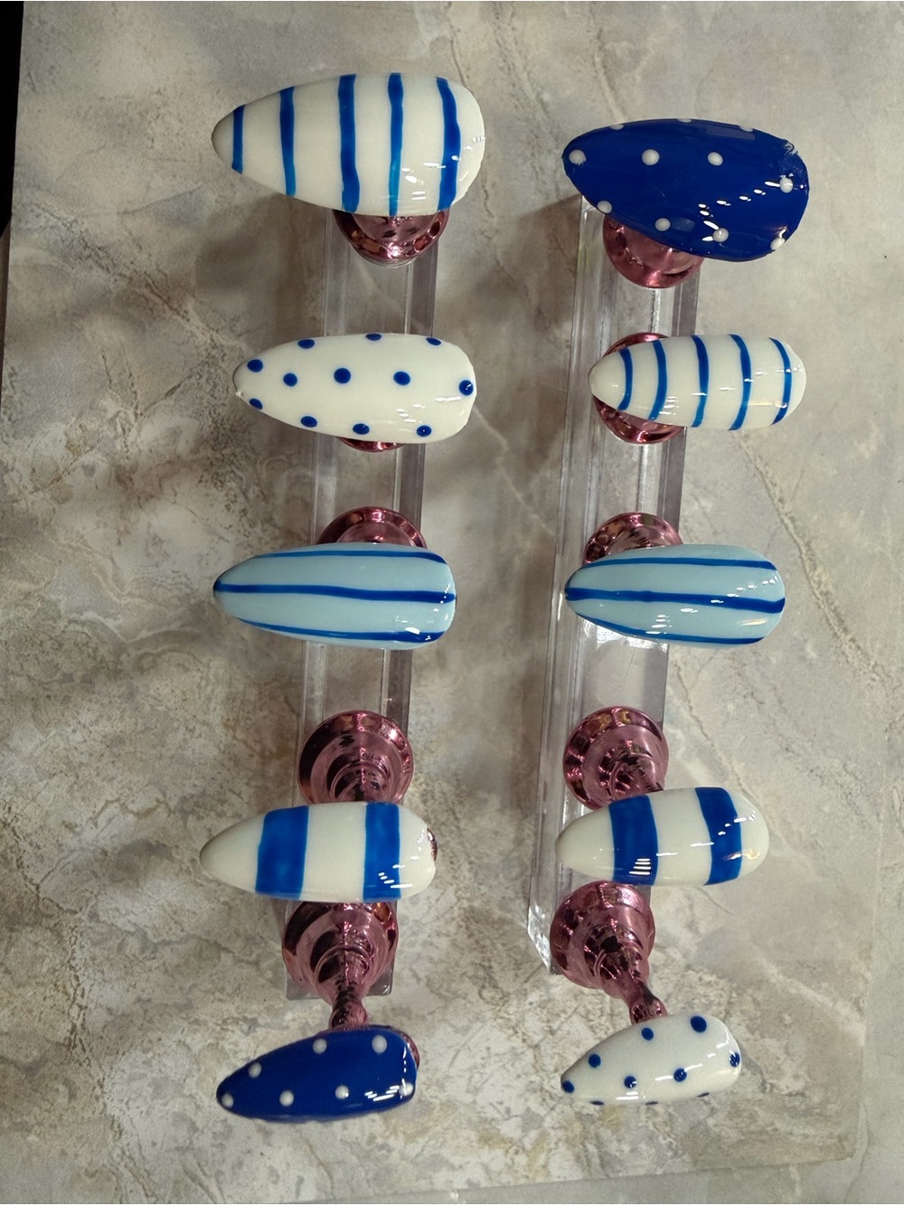 Set of Blue & White Striped and Polka Dot Press On Nails